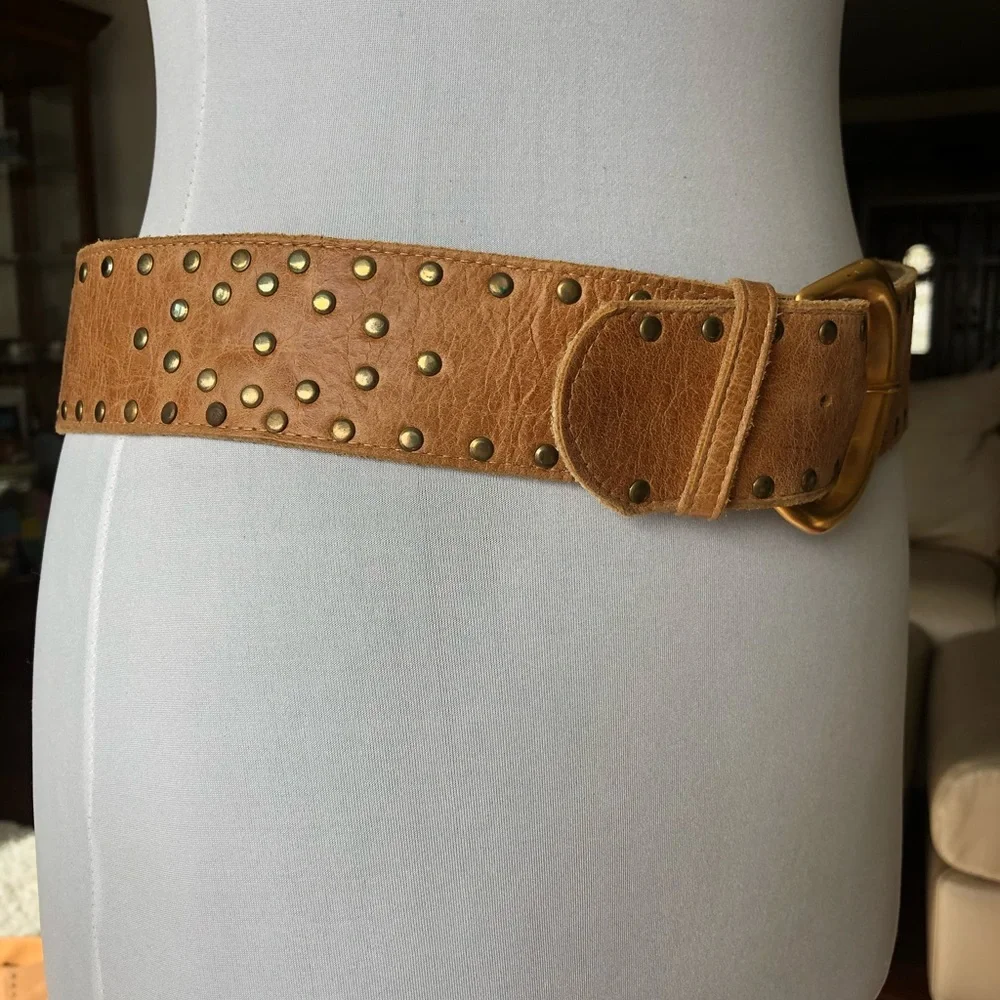 Studded Tan Leather Belt with Gold Buckle